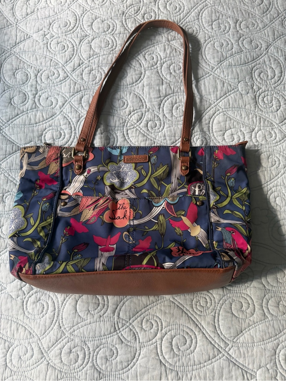 Sakroots Navy Multicolor Floral Peace Birds Tote Faux Leather Straps Trim 15x9x4